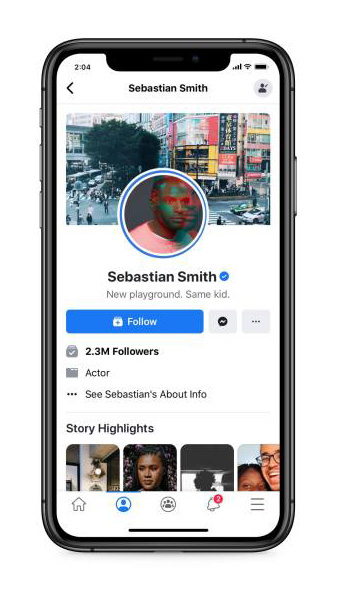 The image displays a smartphone screen with a social media profile page on display. The profile belongs to "Sebastian Smith," an actor with a verified badge next to the name. He has 2.3M followers, and the page showcases a profile picture of Sebastian, with a header photo of a bustling cityscape. Below, there are story highlights with various images and icons. 