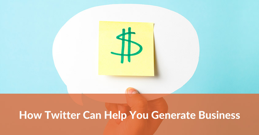 The image features a hand holding a white speech bubble cutout against a light blue background. Inside the speech bubble, a yellow sticky note displays a large green dollar sign, symbolizing financial growth or business opportunities. Below the image, a brown-orange banner contains white text that reads, "How Twitter Can Help You Generate Business." The design conveys the message that using Twitter effectively can lead to business generation, with the speech bubble representing conversation and engagement, and the dollar sign symbolizing revenue potential. The tone is practical and informative, suggesting that Twitter is a valuable platform for business growth.