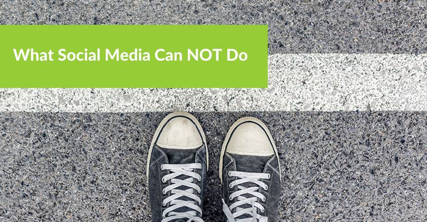 The image shows a pair of worn-out sneakers standing on a rough asphalt road, just behind a white line, symbolizing a boundary or limit. The visual emphasizes the idea of reaching a limit or crossing a line. On the left side, a green banner contains white text that reads, "What Social Media Can NOT Do." The design suggests a focus on the limitations of social media, highlighting that while it is a powerful tool, it has boundaries and cannot achieve everything on its own. 