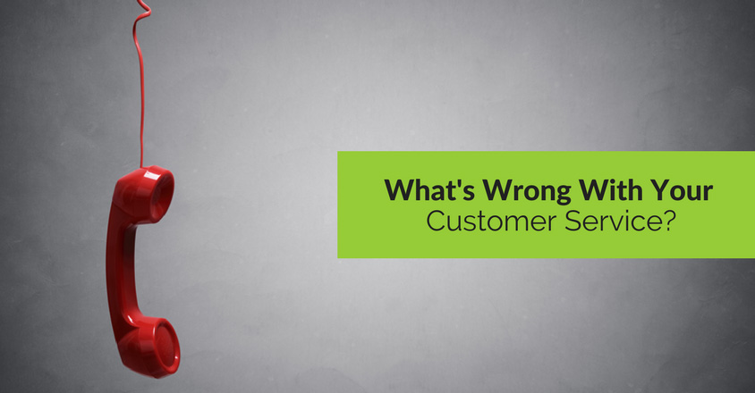 The image features a minimalistic design. On the left, a red, old-fashioned telephone receiver hangs from a cord, suspended against a gray background. The right side contains a green banner with black and white text that reads, "What's Wrong With Your Customer Service?" The image conveys a sense of disconnection or a breakdown in communication, symbolizing potential issues in customer service interactions. The design suggests a focus on diagnosing and addressing problems in customer service, with the hanging phone serving as a visual metaphor for poor communication or unresolved inquiries. The overall tone is reflective and invites analysis