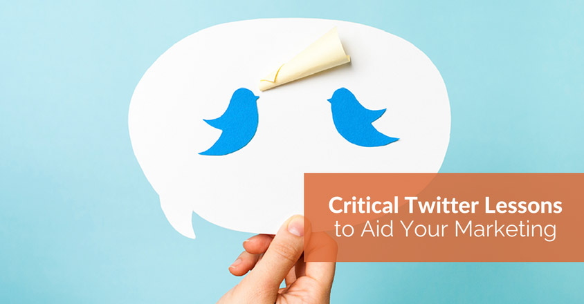 The image features a hand holding a cut-out speech bubble with two blue Twitter bird icons inside it, symbolizing communication or conversation on the platform. A small rolled-up paper is pinned to the top of the speech bubble, adding a playful touch. On the right side of the image, an orange overlay contains white text that reads, "Critical Twitter Lessons to Aid Your Marketing." The light blue background, combined with the Twitter birds, clearly ties the image to Twitter, while the speech bubble emphasizes the idea of engagement and dialogue. The overall design is clean and modern, suggesting valuable insights and takeaways for improving marketing strategies on Twitter.