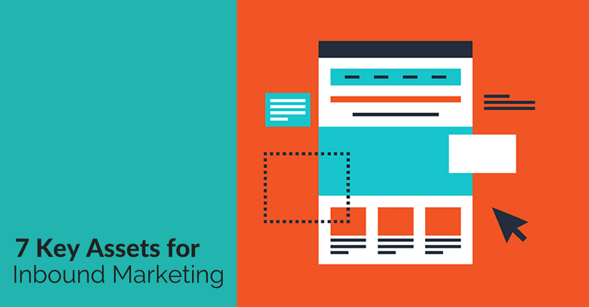 The image is divided into two sections. On the left, a teal background features black and white text that reads, "7 Key Assets for Inbound Marketing." On the right side, an illustration of a webpage layout is shown on an orange background. The webpage is represented with various blocks, text areas, and graphical elements, symbolizing different components of inbound marketing, such as content, calls to action, and design. The overall design suggests the importance of having key assets, like well-structured web pages and content strategies, to attract and engage customers through inbound marketing methods. The colors and clean layout give the image a modern and professional feel.