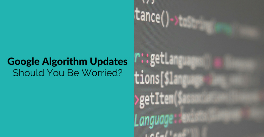 The image is split into two sections. On the left side, a teal-colored background displays black text that reads, "Google Algorithm Updates: Should You Be Worried?" On the right side, the image shows a close-up of computer code on a screen, with various colored text lines representing a programming environment. The use of the code highlights the technical nature of the topic, while the question posed suggests a focus on understanding how changes in Google's algorithms might impact businesses or websites. The overall design is clean and informative, aimed at addressing concerns related to SEO and algorithm changes.
