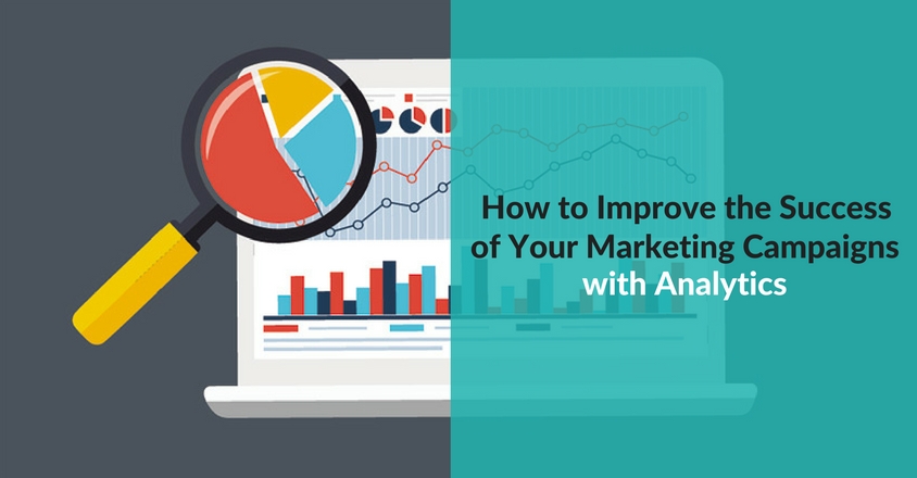 The image shows a magnifying glass analyzing a laptop screen displaying various charts and graphs. The title reads 'How to Improve the Success of Your Marketing Campaigns with Analytics,' representing the concept of using data-driven insights to optimize marketing strategies.