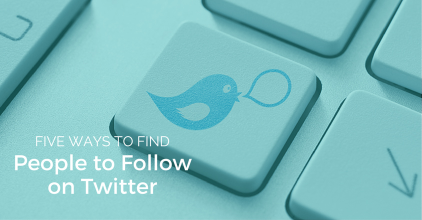 The image features a close-up of a computer keyboard with one of the keys displaying the iconic Twitter bird symbol, suggesting social media activity. The keyboard and key are in a teal color, matching the overall tone of the image. Overlaid on the left side of the image is white text that reads, "Five Ways to Find People to Follow on Twitter." The design is clean, modern, and directly tied to Twitter, symbolizing discovery and engagement on the platform. 