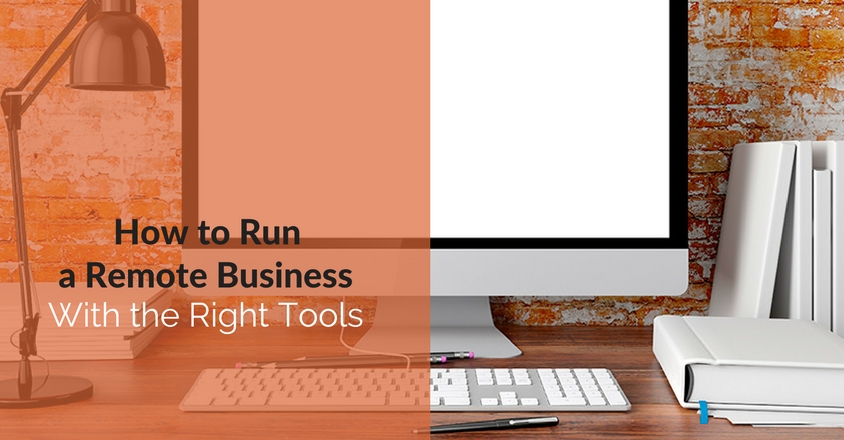 The image showcases a neatly arranged workspace featuring a computer monitor, keyboard, mouse, and several stacked books on a wooden desk. To the left, there is a modern lamp casting light over the desk. The background consists of an exposed brick wall, giving the scene a cozy, home-office feel. The left side of the image is overlaid with an orange translucent box, with the text "How to Run a Remote Business With the Right Tools" displayed in the center. The design suggests a focus on productivity, remote work efficiency, and the tools needed to effectively manage a business from a distance. 