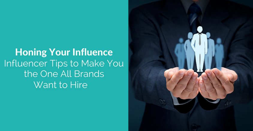 Image shows a man in a suit holding influencer icons on his hands, with "Honing Your Influence" text offering tips for influencers to attract brands.