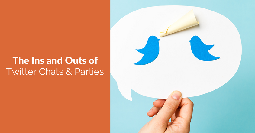 The image shows a lively Twitter chat between two users represented by the logo. The text that goes with the image (The Ins and Outs of Twitter Chats and Parties) showcases tips on how to engage in Twitter chats and parties.