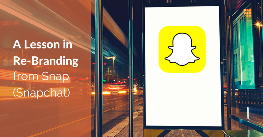 The image shows light trails from moving cars on a road with text about Snapchat's rebranding strategy and visual identity transformation.