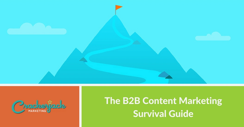 The image shows a mountain with a winding path leading to a flag at the summit. The text reads 'The B2B Content Marketing Survival Guide' alongside the Crackerjack Marketing logo, suggesting a comprehensive guide for navigating B2B content marketing strategies.