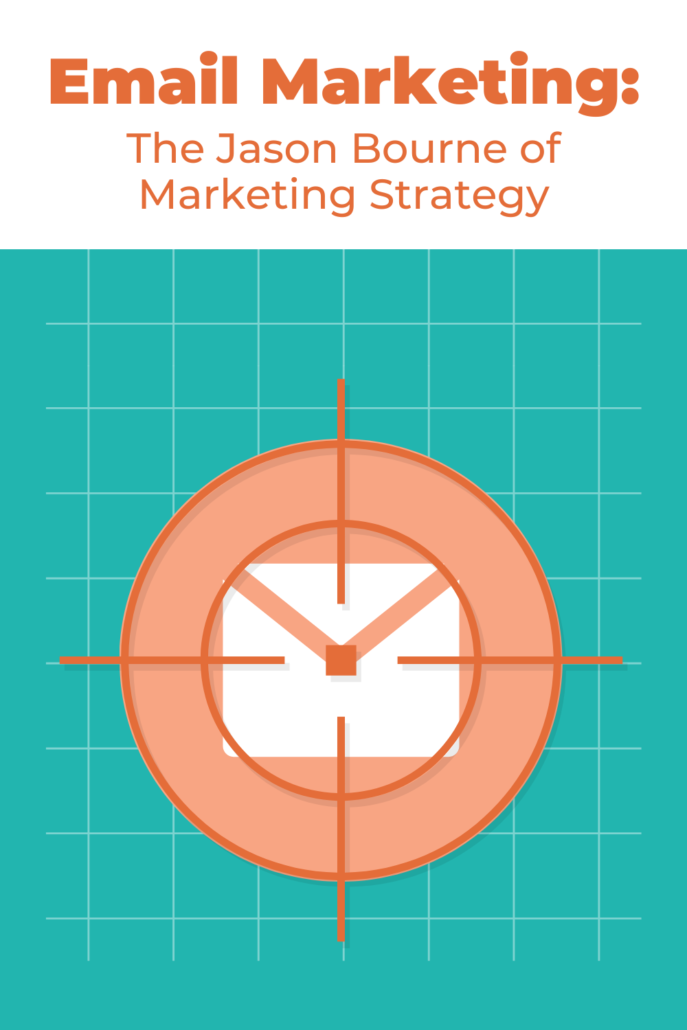 Email Marketing Resurgence - Pinterest sized image of a white email icon in orange cross hairs on an aqua background. Orange header text on a white background. 