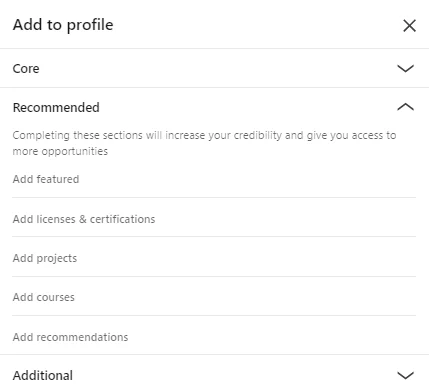 LinkedIn add to profile section.