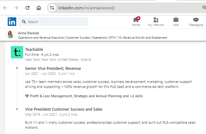 Anna Elwood LinkedIn Experience section.