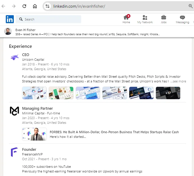 Evan Fisher LinkedIn Experience section.