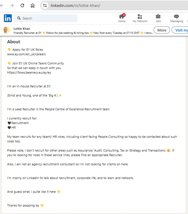 Lottie Khan LinkedIn about page.