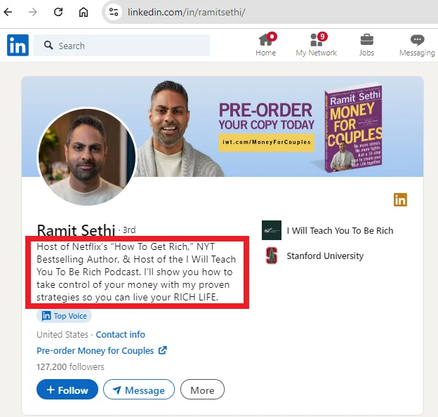 Ramit Sethi LinkedIn profile.