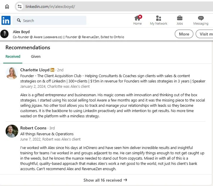 Alex Boyd's Linkedin recommendations' section.