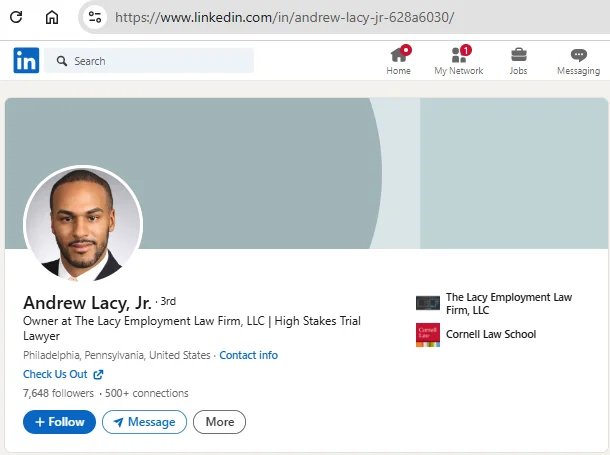 Andrew Lacy, Jr. (The Lacy Employment Law Firm) LinkedIn profile.