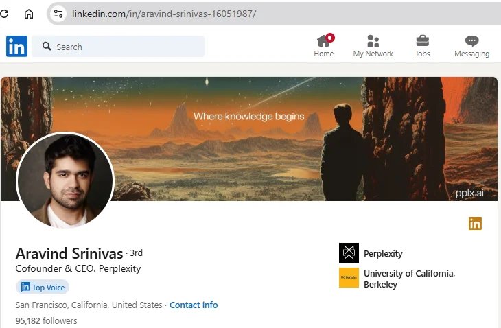 Aravind Srinivas of Perplexity LinkedIn profile page.