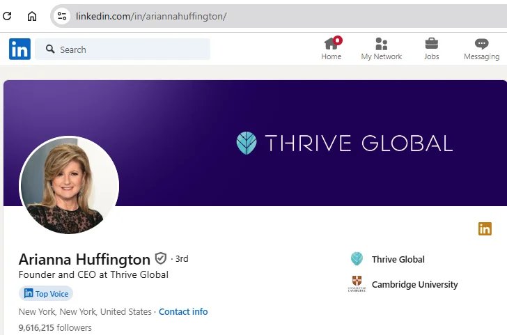 Arianna Huffington LinkedIn profile page.