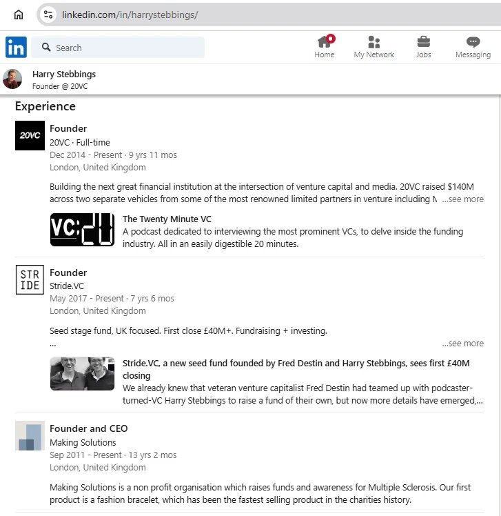 Harry Stebbings' LinkedIn experience section.