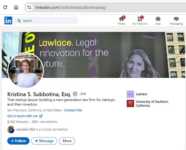 Kristina S. Subbotina, Esq. (Lawlace) LinkedIn profile.