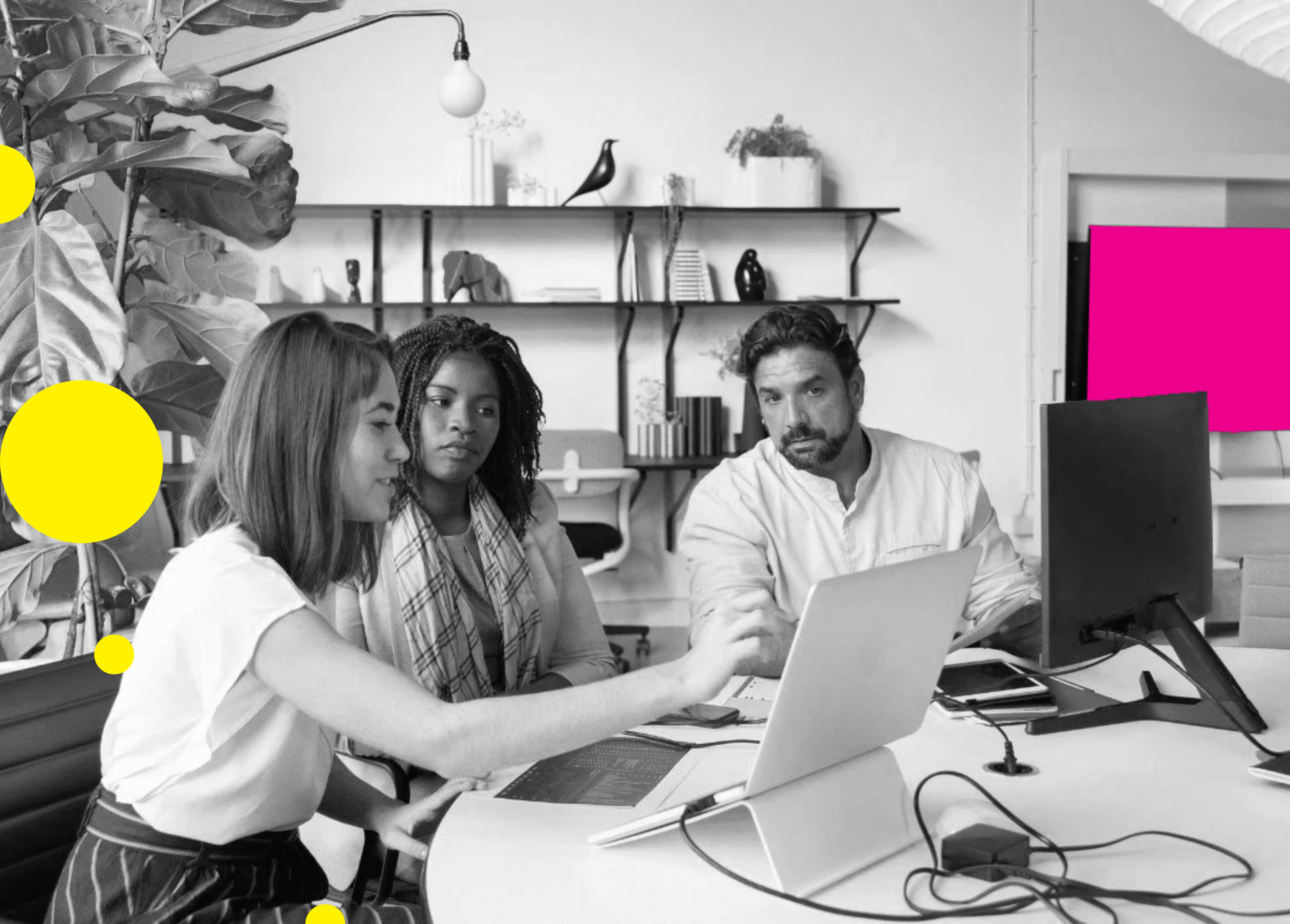 Three individuals collaborating around a laptop in a modern office space with decorative plants and shelving.