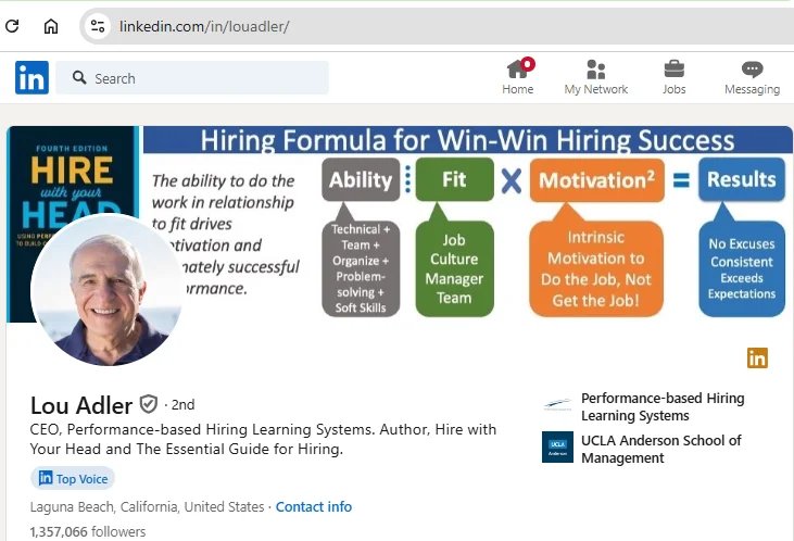 Lou Adler LinkedIn profile page.