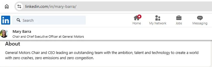 Mary Barra's LinkedIn profile page.