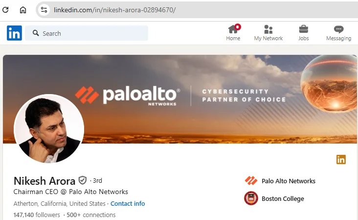 Nikesh Arora of Palo Alto Networks LinkedIn profile page.