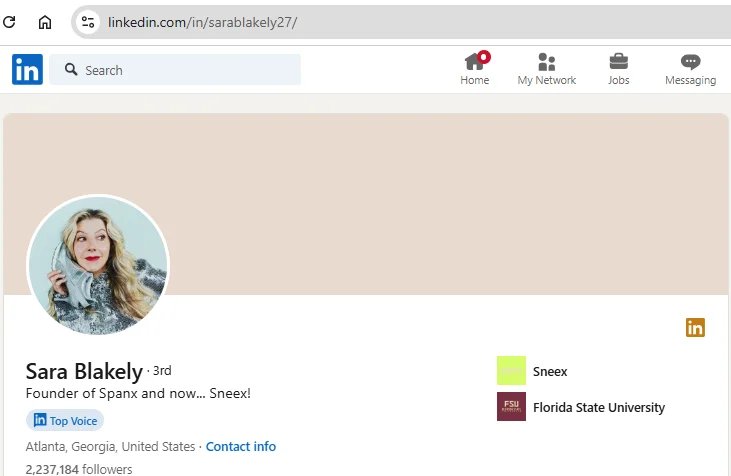 Sara Blakely of Sneex LinkedIn profile page.