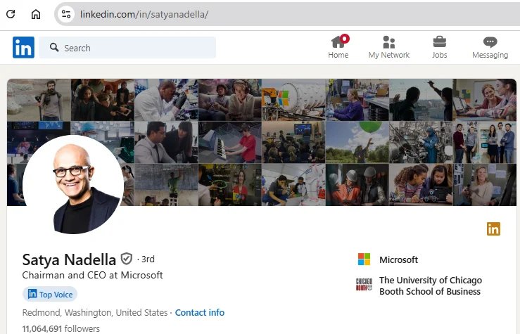 Satya Nadella LinkedIn profile page.