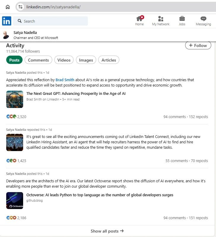 Satya Nadella's LinkedIn activity section.