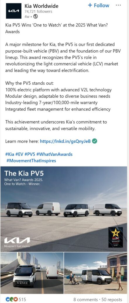 Kia PV5 vehicle lineup showcased, highlighting its award win at the 2025 What Van? Awards for innovation in purpose-built electric vans.