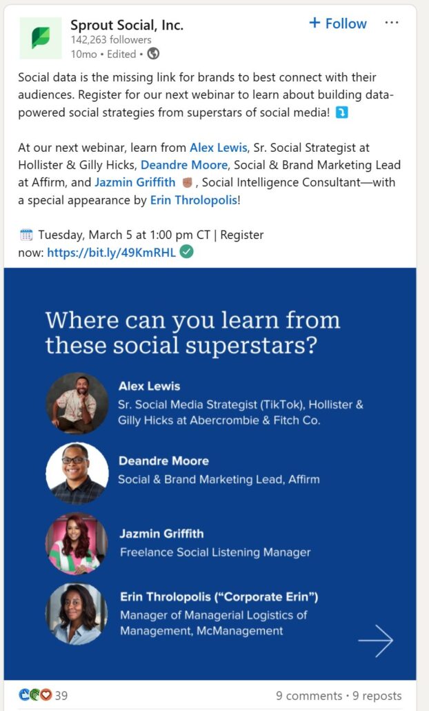 Promotional webinar poster featuring four social media experts with their titles and companies, highlighting insights on social strategies.