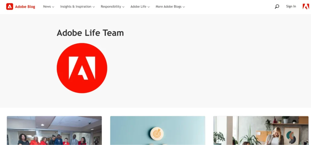 Adobe Life Team section with the Adobe logo, featuring a collage of team photos in a modern office setting.