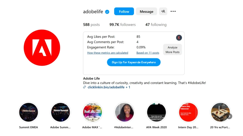 An Adobe Life Instagram profile showcasing the logo, follower stats, engagement metrics, and highlights from events and initiatives.