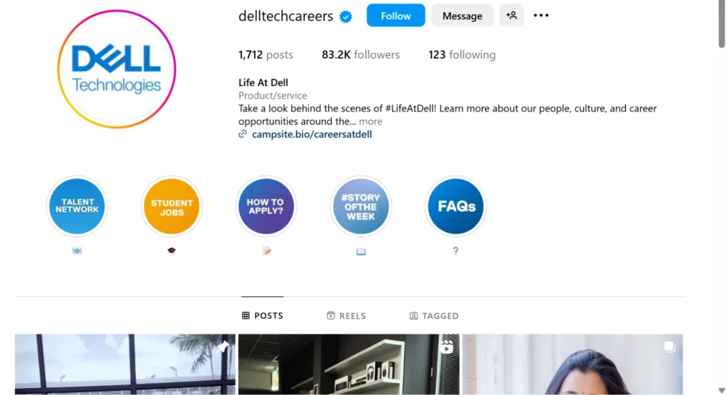 Dell Technologies Instagram profile showcasing career opportunities, culture insights, and engagement with followers.