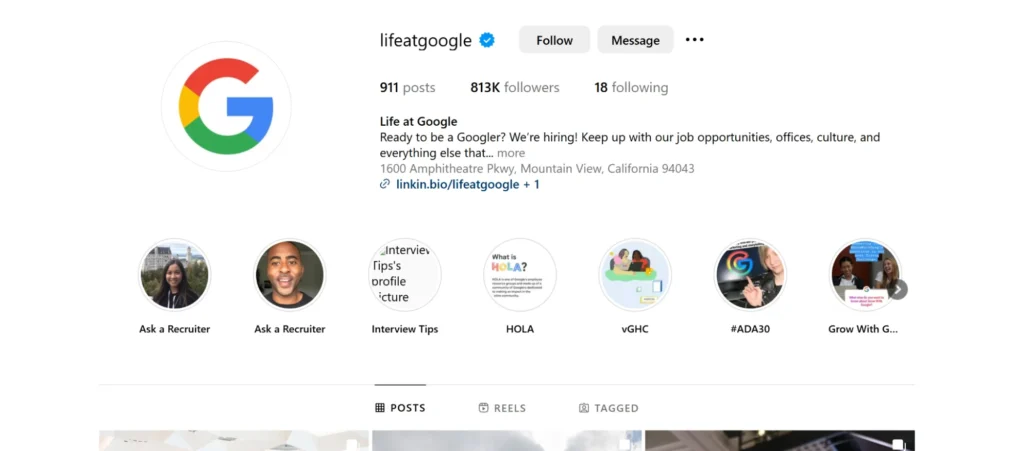 Instagram profile for "Life at Google," showcasing posts about company culture, job opportunities, and community engagement initiatives.