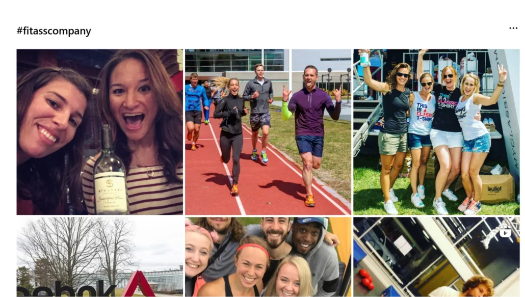 A collage of fitness activities: friends socializing with drinks, runners on a track, and groups celebrating outdoors.