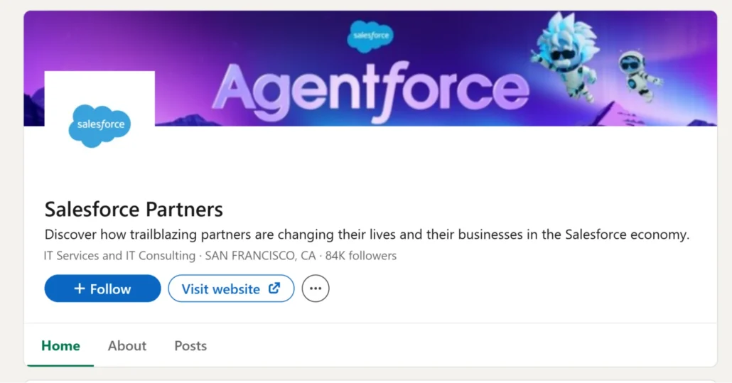 Salesforce Partners LinkedIn page showcasing "Agentforce" with a vibrant background, emphasizing IT consulting and partnership opportunities.