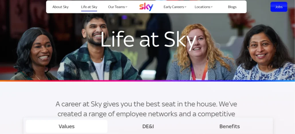 Banner for Sky showcasing diverse employees engaging in conversation, highlighting company values and benefits.