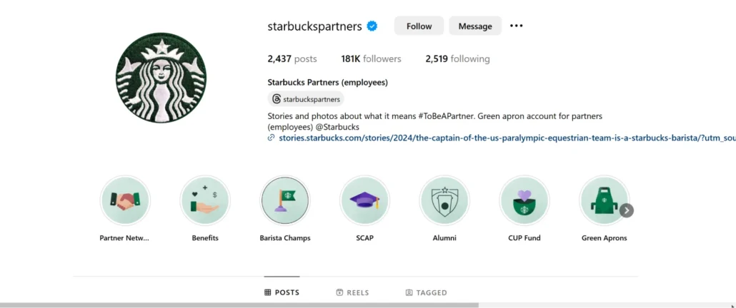 Starbucks Partners Instagram page showcasing employee stories, benefits, and icons representing various partner programs.