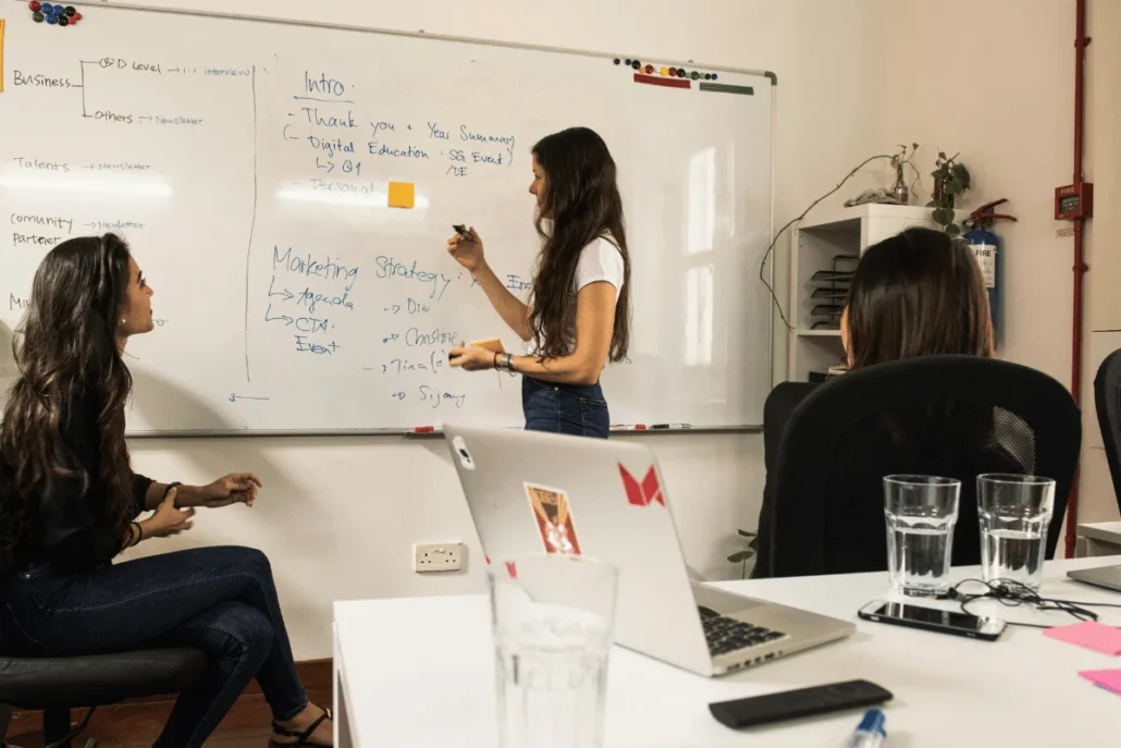 Team brainstorming marketing strategy on whiteboard.
