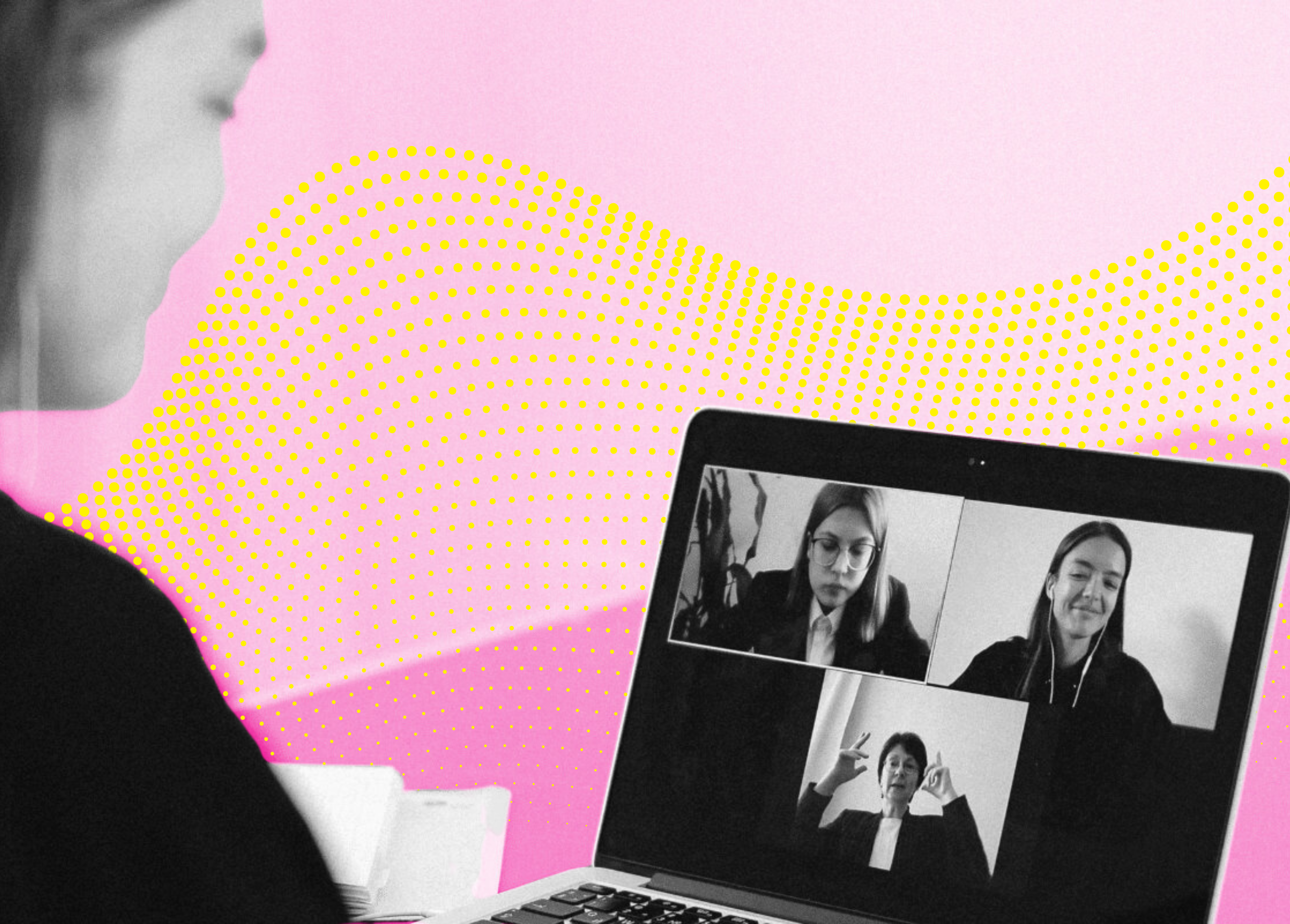 A woman sits in front of a laptop displaying a virtual meeting with three participants, set against a pink and yellow dotted background.