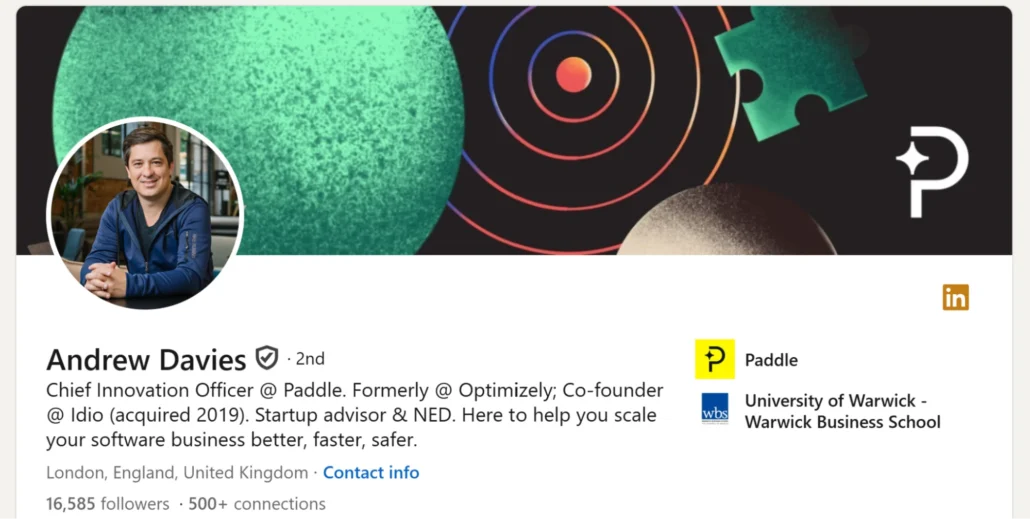 Man in a casual blue shirt smiles in profile picture on a LinkedIn profile. The banner shows abstract shapes. Text highlights his role as Chief Innovation Officer at Paddle.
