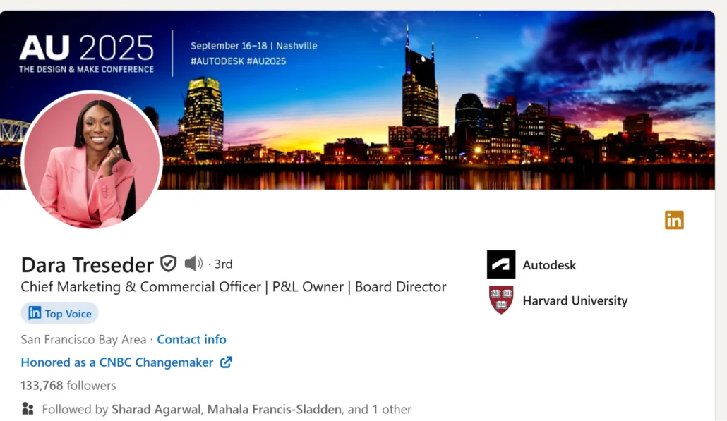 LinkedIn profile banner with a Nashville skyline at sunset for AU 2025 Design Conference. A smiling woman in a pink blazer is featured in an inset circle.