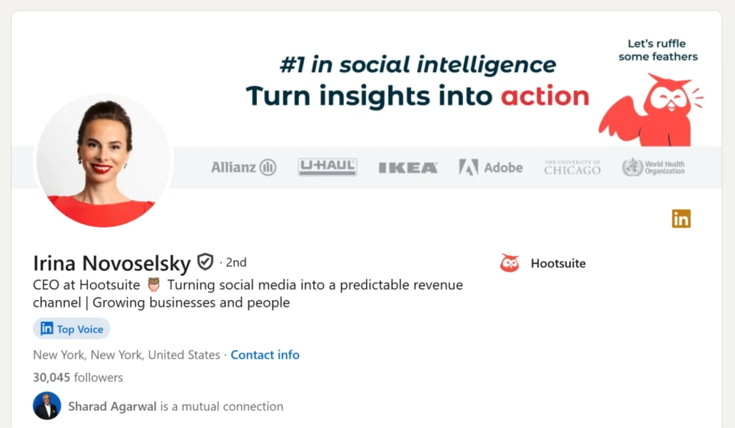 Profile card for Irina Novoselsky, CEO at Hootsuite, highlighting her role in growing businesses. Includes brand logos and a tagline on social intelligence.