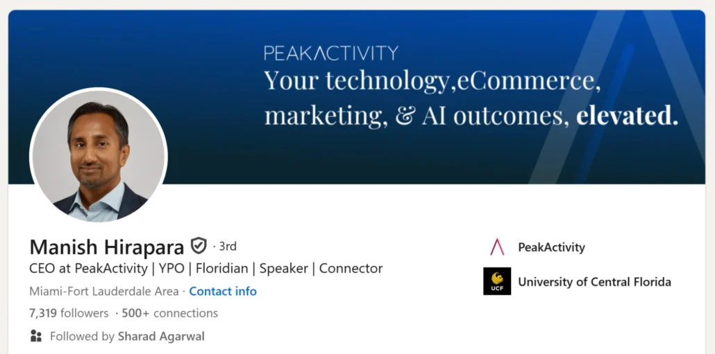 Profile header image with a man's photo on the left. Text reads "PeakActivity: Your technology, eCommerce, marketing, & AI outcomes, elevated." Neutral, professional design.