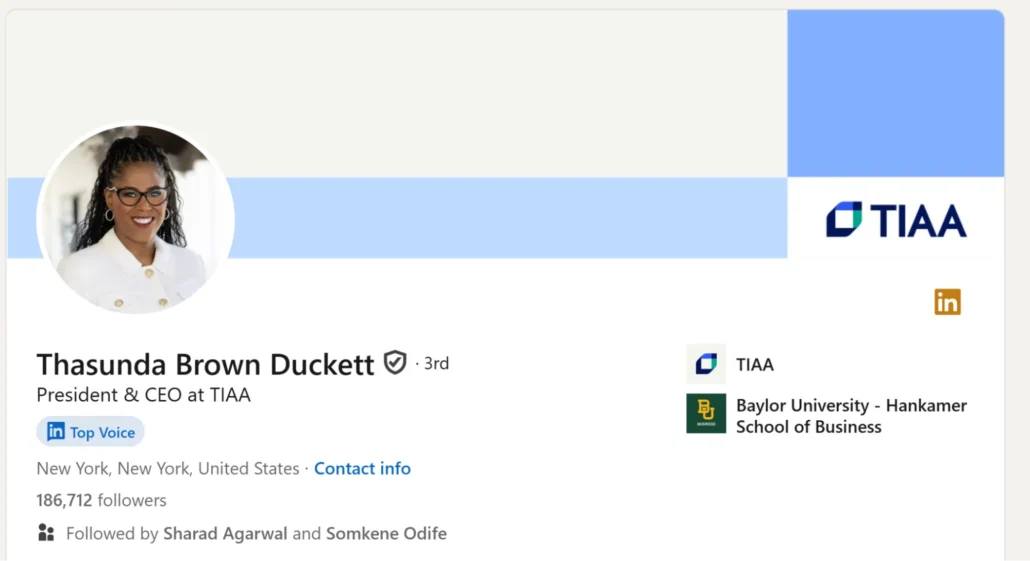 LinkedIn profile of a professional woman with glasses and braided hair, smiling in a white coat. Includes TIAA logo, location in New York, and top voice badge.